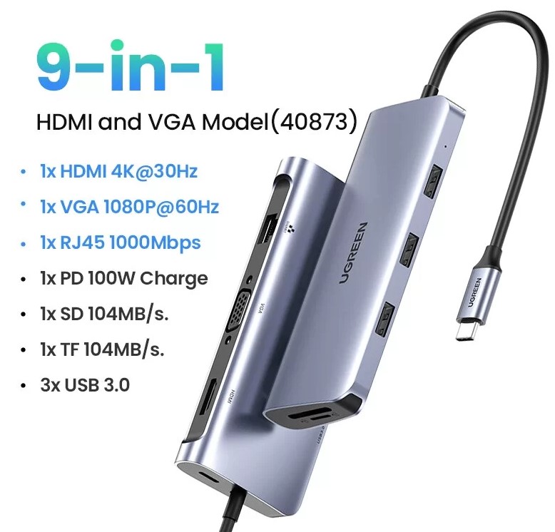 Cổng chuyển Ugreen 40873 Type-C USB-HDMI-LAN-VGA-SD-TF Cổng chuyển Ugreen 40873 Type-C USB-HDMI-LAN-VGA-SD-TF