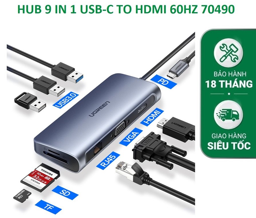 Cổng chuyển Ugreen 70490 Type-C to USB-HDMI-LAN-SD-TF Cổng chuyển Ugreen 70490 Type-C to USB-HDMI-LAN-SD-TF